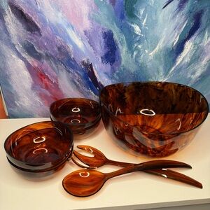 Tortoise Shell Acrylic Salad Set Bowls Utensils Eagle Affiliate MCM Vintage
